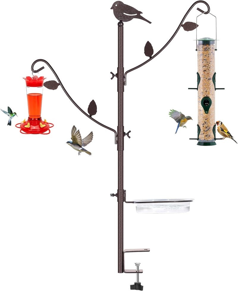 YINGYM Deck Bird Feeder Pole Porch Multi-Hooks Hanging Kit for Outside with Two Adjustable Branches, Water Bowl, Bird Feeder Planter Hanger - Image 1